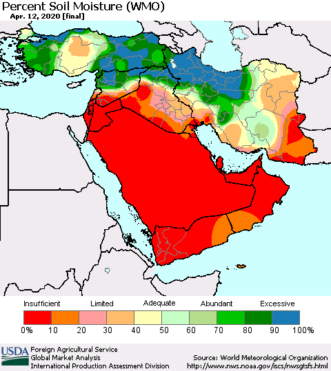 Middle East and Turkey Percent Soil Moisture (WMO) Thematic Map For 4/6/2020 - 4/12/2020