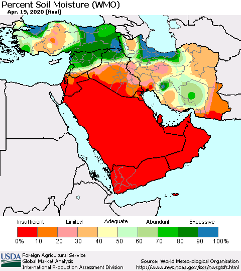Middle East and Turkey Percent Soil Moisture (WMO) Thematic Map For 4/13/2020 - 4/19/2020