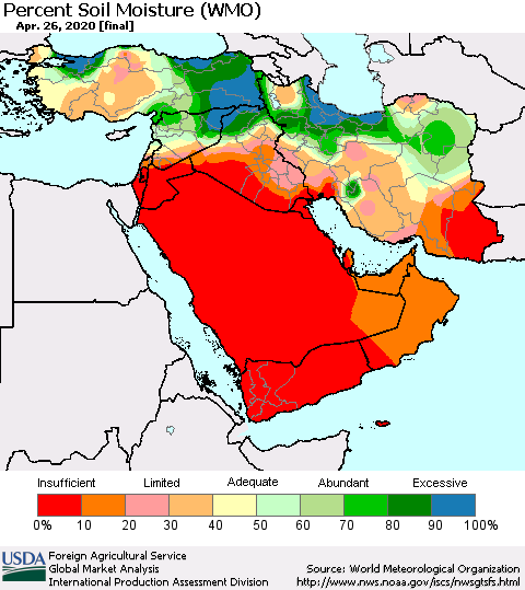 Middle East and Turkey Percent Soil Moisture (WMO) Thematic Map For 4/20/2020 - 4/26/2020