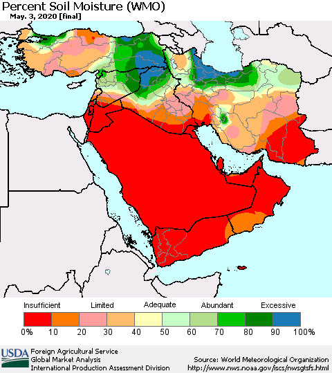 Middle East and Turkey Percent Soil Moisture (WMO) Thematic Map For 4/27/2020 - 5/3/2020