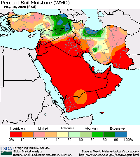 Middle East and Turkey Percent Soil Moisture (WMO) Thematic Map For 5/4/2020 - 5/10/2020