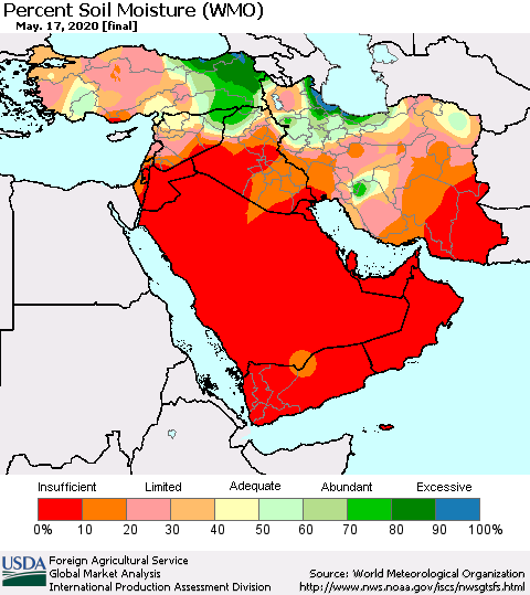 Middle East and Turkey Percent Soil Moisture (WMO) Thematic Map For 5/11/2020 - 5/17/2020