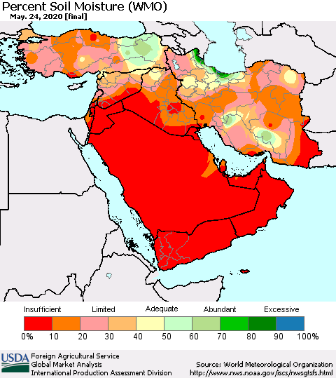 Middle East and Turkey Percent Soil Moisture (WMO) Thematic Map For 5/18/2020 - 5/24/2020
