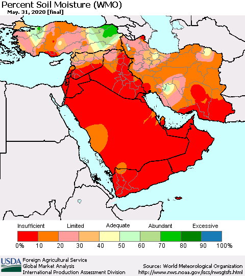 Middle East and Turkey Percent Soil Moisture (WMO) Thematic Map For 5/25/2020 - 5/31/2020