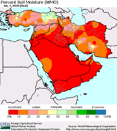 Middle East and Turkey Percent Soil Moisture (WMO) Thematic Map For 6/1/2020 - 6/7/2020