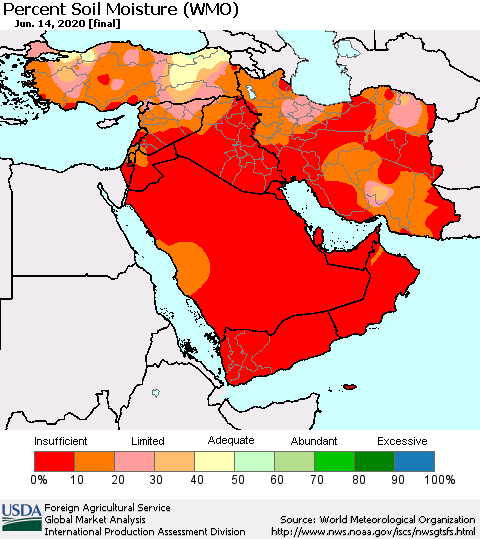 Middle East and Turkey Percent Soil Moisture (WMO) Thematic Map For 6/8/2020 - 6/14/2020