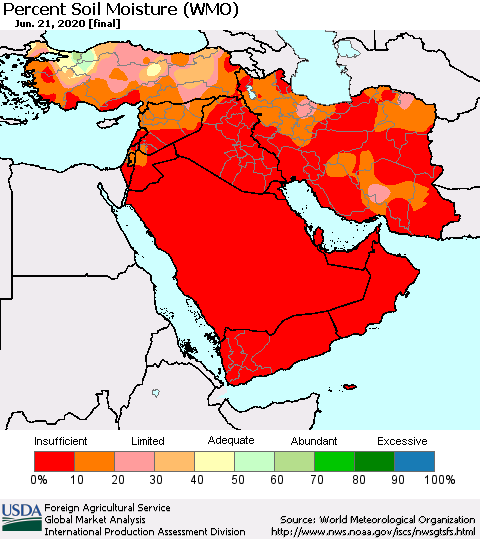 Middle East and Turkey Percent Soil Moisture (WMO) Thematic Map For 6/15/2020 - 6/21/2020