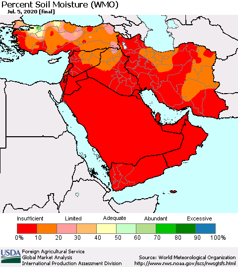Middle East and Turkey Percent Soil Moisture (WMO) Thematic Map For 6/29/2020 - 7/5/2020