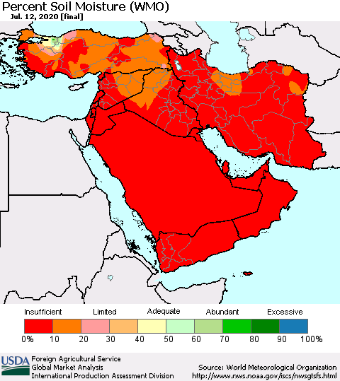 Middle East and Turkey Percent Soil Moisture (WMO) Thematic Map For 7/6/2020 - 7/12/2020