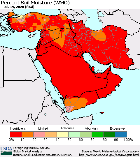 Middle East and Turkey Percent Soil Moisture (WMO) Thematic Map For 7/13/2020 - 7/19/2020
