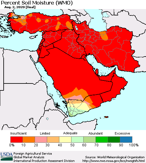 Middle East and Turkey Percent Soil Moisture (WMO) Thematic Map For 7/27/2020 - 8/2/2020