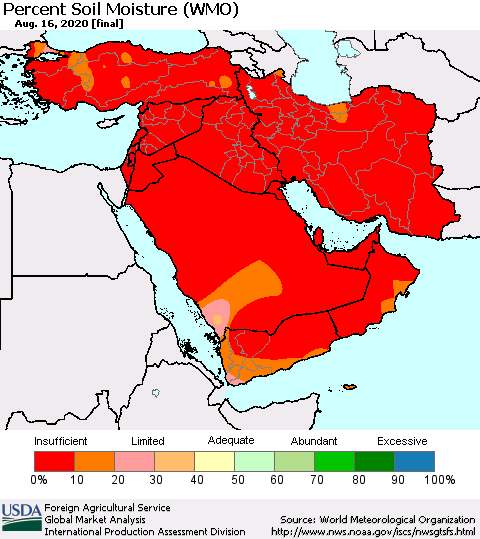 Middle East and Turkey Percent Soil Moisture (WMO) Thematic Map For 8/10/2020 - 8/16/2020