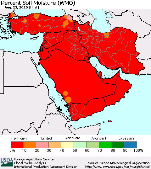 Middle East and Turkey Percent Soil Moisture (WMO) Thematic Map For 8/17/2020 - 8/23/2020