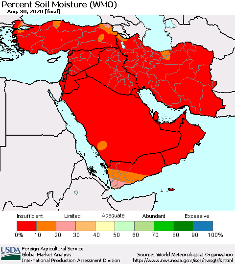 Middle East and Turkey Percent Soil Moisture (WMO) Thematic Map For 8/24/2020 - 8/30/2020