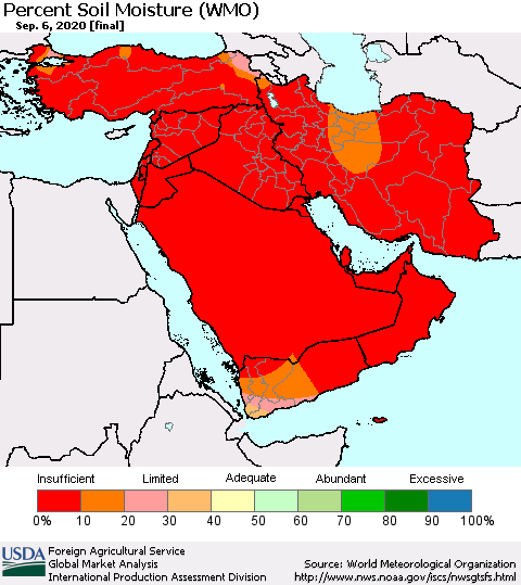 Middle East and Turkey Percent Soil Moisture (WMO) Thematic Map For 8/31/2020 - 9/6/2020