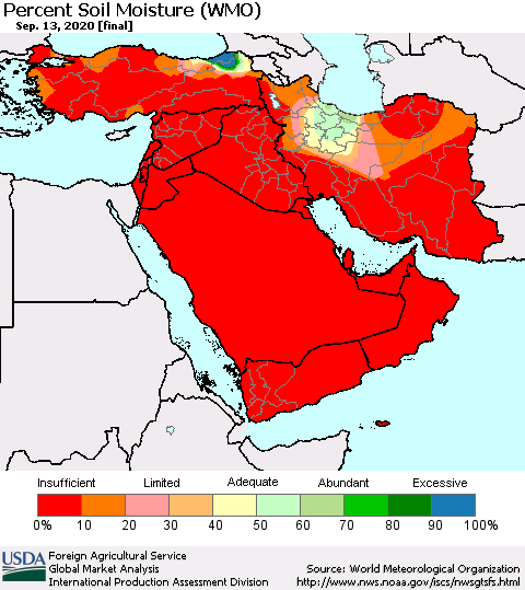 Middle East and Turkey Percent Soil Moisture (WMO) Thematic Map For 9/7/2020 - 9/13/2020
