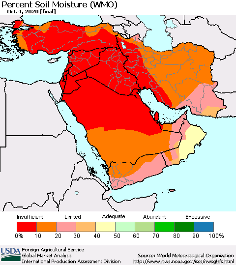 Middle East and Turkey Percent Soil Moisture (WMO) Thematic Map For 9/28/2020 - 10/4/2020