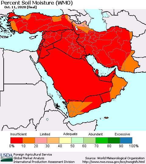 Middle East and Turkey Percent Soil Moisture (WMO) Thematic Map For 10/5/2020 - 10/11/2020