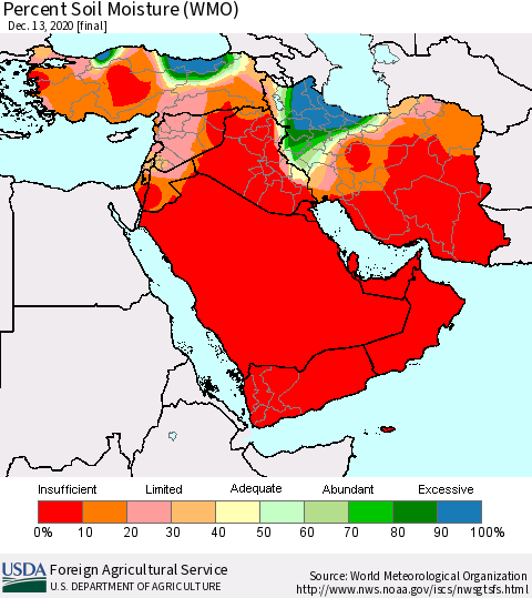 Middle East and Turkey Percent Soil Moisture (WMO) Thematic Map For 12/7/2020 - 12/13/2020