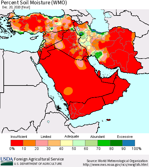 Middle East and Turkey Percent Soil Moisture (WMO) Thematic Map For 12/14/2020 - 12/20/2020
