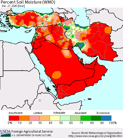 Middle East and Turkey Percent Soil Moisture (WMO) Thematic Map For 12/21/2020 - 12/27/2020