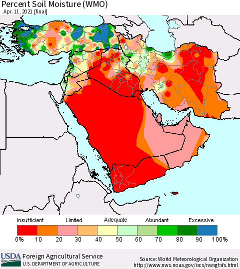 Middle East and Turkey Percent Soil Moisture (WMO) Thematic Map For 4/5/2021 - 4/11/2021