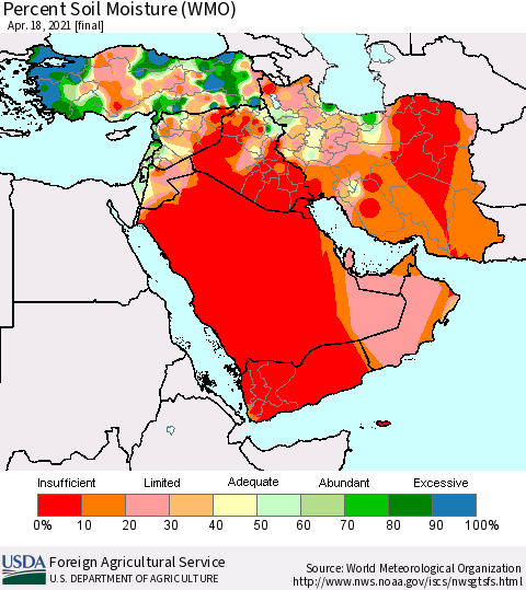 Middle East and Turkey Percent Soil Moisture (WMO) Thematic Map For 4/12/2021 - 4/18/2021