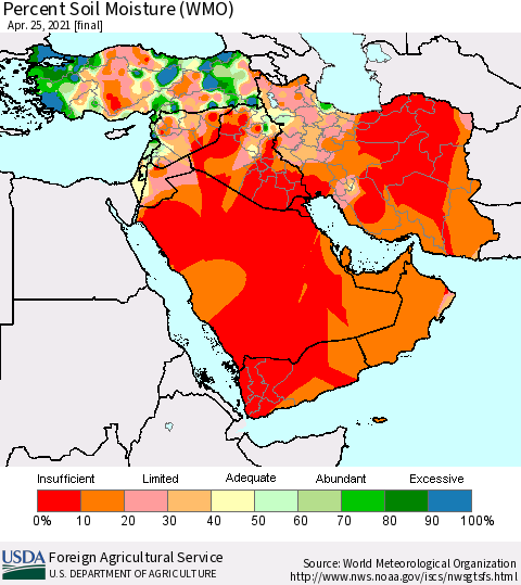 Middle East and Turkey Percent Soil Moisture (WMO) Thematic Map For 4/19/2021 - 4/25/2021