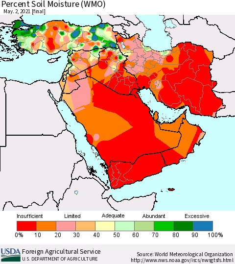 Middle East and Turkey Percent Soil Moisture (WMO) Thematic Map For 4/26/2021 - 5/2/2021