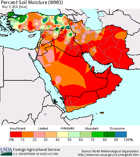 Middle East and Turkey Percent Soil Moisture (WMO) Thematic Map For 5/3/2021 - 5/9/2021