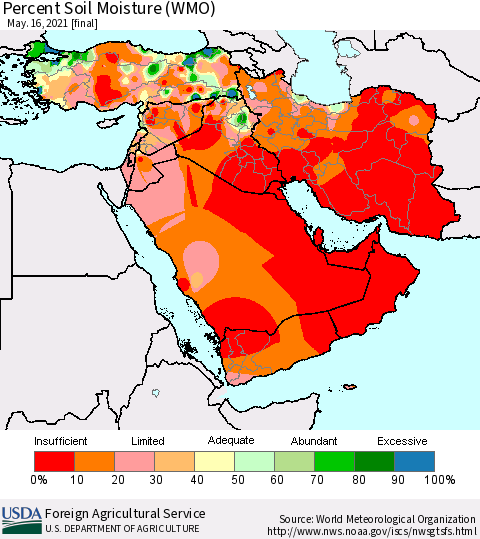 Middle East and Turkey Percent Soil Moisture (WMO) Thematic Map For 5/10/2021 - 5/16/2021