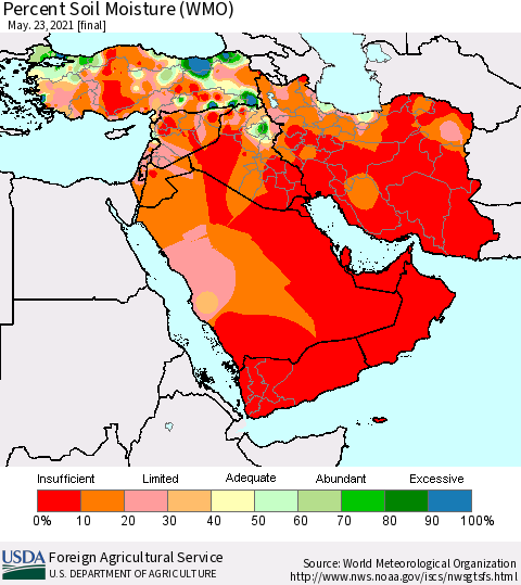Middle East and Turkey Percent Soil Moisture (WMO) Thematic Map For 5/17/2021 - 5/23/2021
