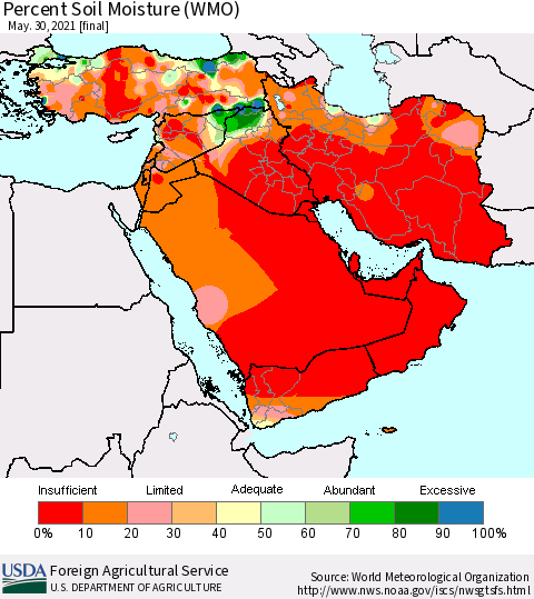 Middle East and Turkey Percent Soil Moisture (WMO) Thematic Map For 5/24/2021 - 5/30/2021