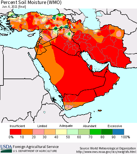 Middle East and Turkey Percent Soil Moisture (WMO) Thematic Map For 5/31/2021 - 6/6/2021