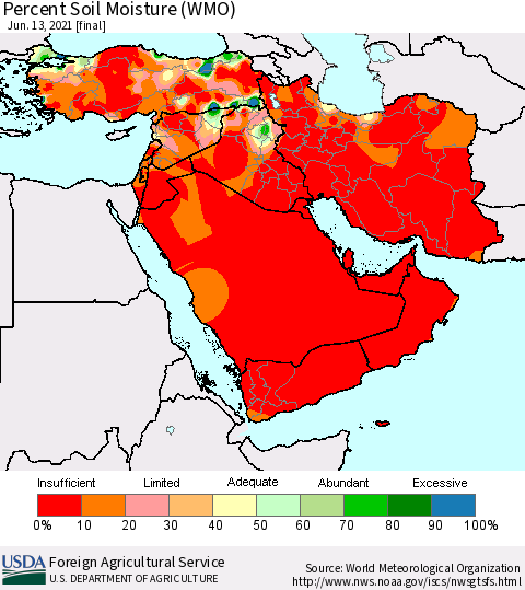 Middle East and Turkey Percent Soil Moisture (WMO) Thematic Map For 6/7/2021 - 6/13/2021