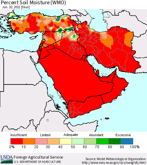 Middle East and Turkey Percent Soil Moisture (WMO) Thematic Map For 6/14/2021 - 6/20/2021
