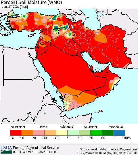 Middle East and Turkey Percent Soil Moisture (WMO) Thematic Map For 6/21/2021 - 6/27/2021