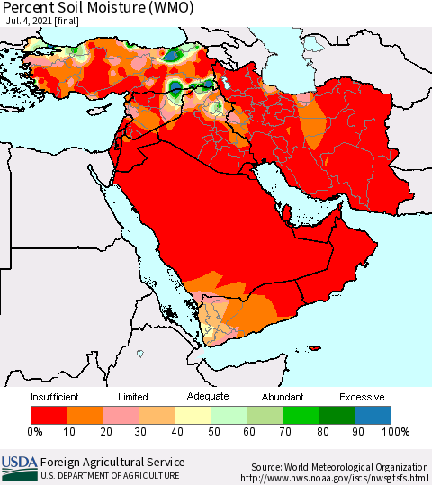 Middle East and Turkey Percent Soil Moisture (WMO) Thematic Map For 6/28/2021 - 7/4/2021