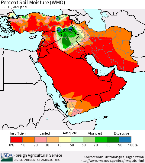Middle East and Turkey Percent Soil Moisture (WMO) Thematic Map For 7/5/2021 - 7/11/2021