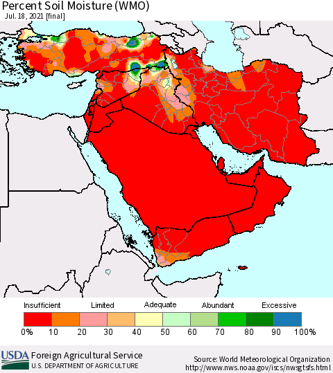 Middle East and Turkey Percent Soil Moisture (WMO) Thematic Map For 7/12/2021 - 7/18/2021