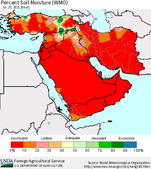Middle East and Turkey Percent Soil Moisture (WMO) Thematic Map For 7/19/2021 - 7/25/2021