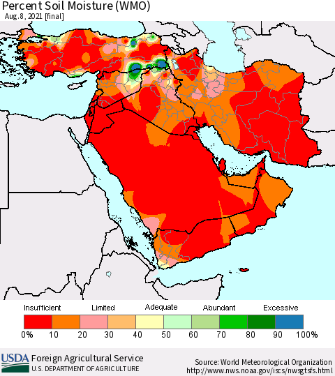 Middle East and Turkey Percent Soil Moisture (WMO) Thematic Map For 8/2/2021 - 8/8/2021
