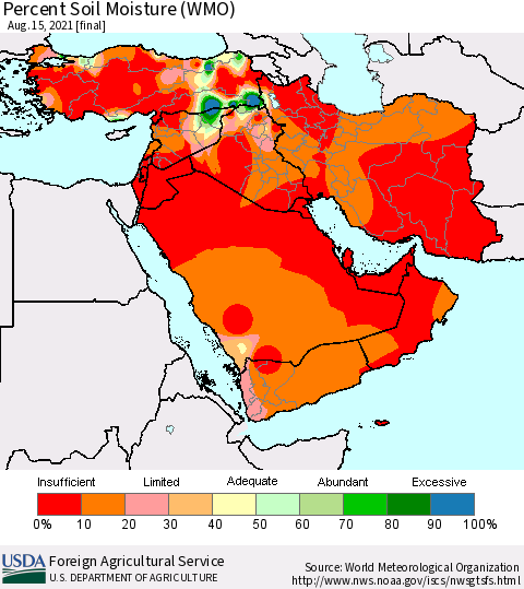 Middle East and Turkey Percent Soil Moisture (WMO) Thematic Map For 8/9/2021 - 8/15/2021
