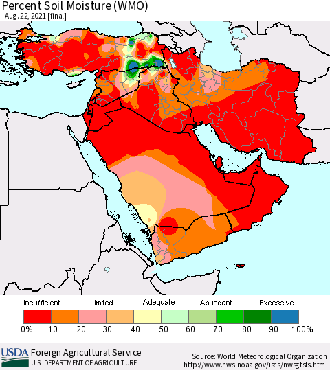 Middle East and Turkey Percent Soil Moisture (WMO) Thematic Map For 8/16/2021 - 8/22/2021