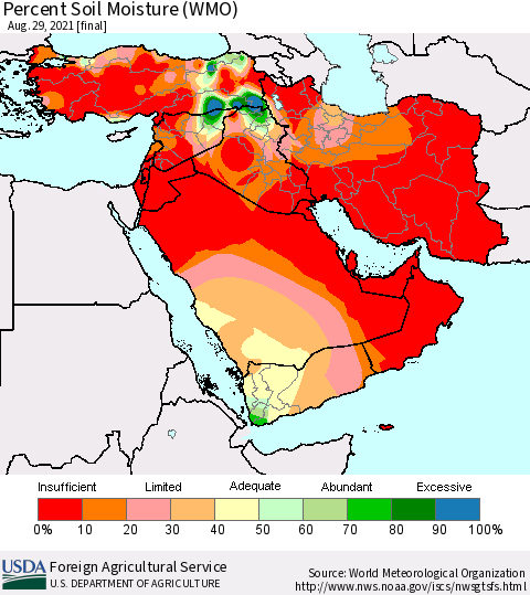 Middle East and Turkey Percent Soil Moisture (WMO) Thematic Map For 8/23/2021 - 8/29/2021