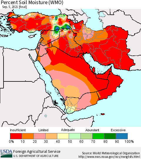 Middle East and Turkey Percent Soil Moisture (WMO) Thematic Map For 8/30/2021 - 9/5/2021
