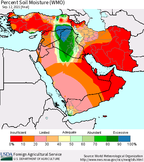 Middle East and Turkey Percent Soil Moisture (WMO) Thematic Map For 9/6/2021 - 9/12/2021