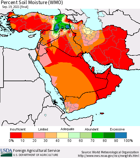 Middle East and Turkey Percent Soil Moisture (WMO) Thematic Map For 9/13/2021 - 9/19/2021