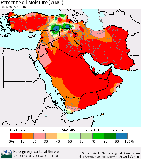 Middle East and Turkey Percent Soil Moisture (WMO) Thematic Map For 9/20/2021 - 9/26/2021