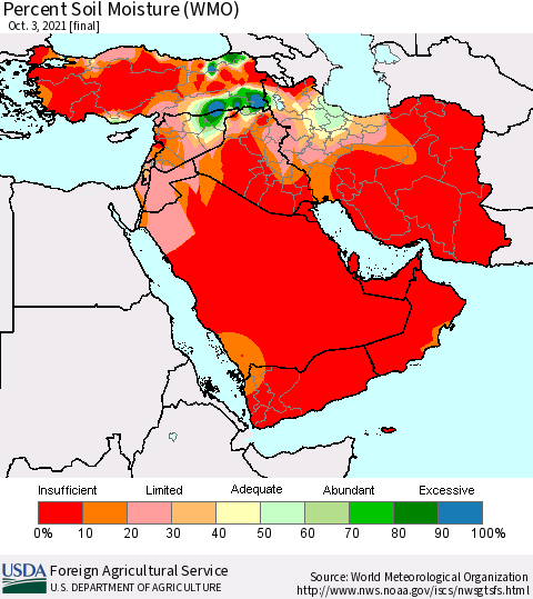 Middle East and Turkey Percent Soil Moisture (WMO) Thematic Map For 9/27/2021 - 10/3/2021